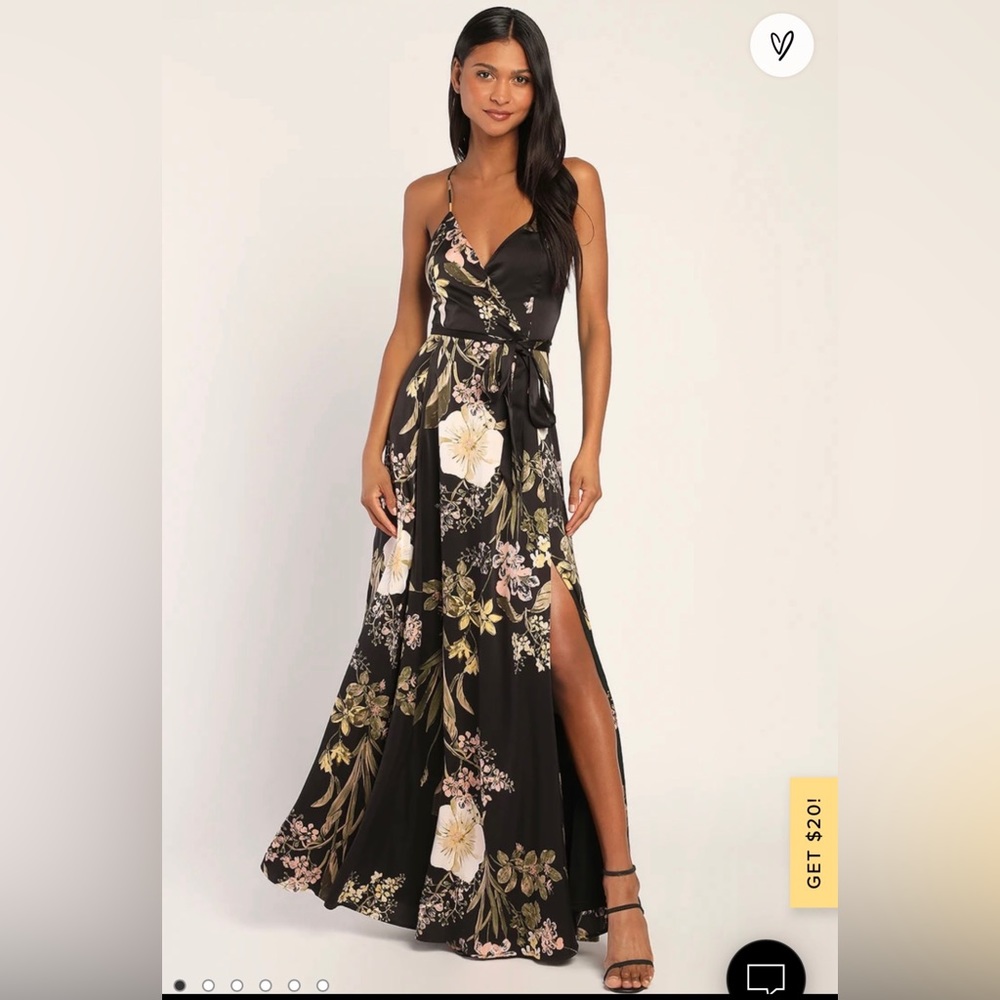 Lulus “Still the One Black Floral Print Satin Maxi Dress”